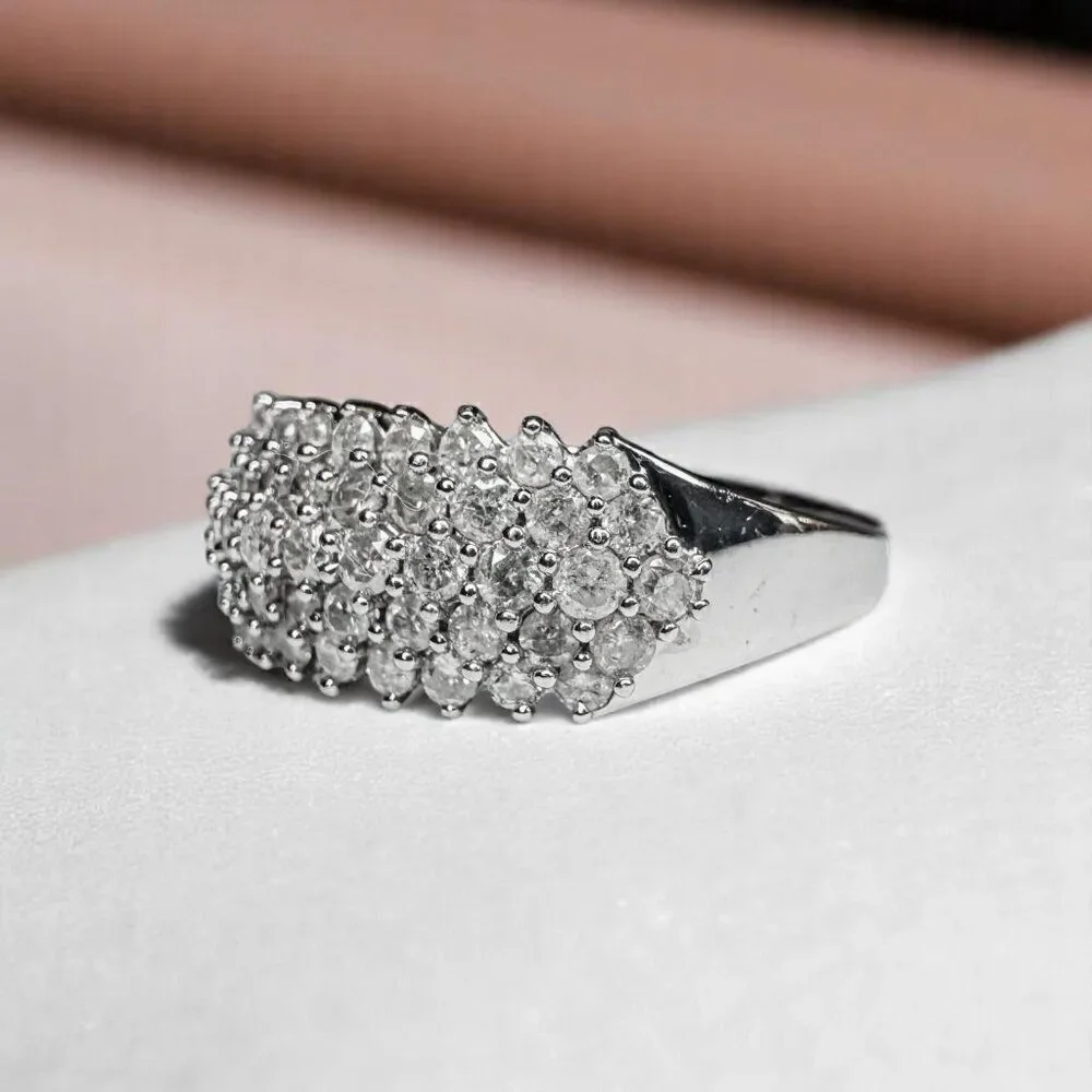 10K Gold- 2 Carat TW- Diamond Ring -Size 7- White Gold -Cluster Pave Ring -3g
